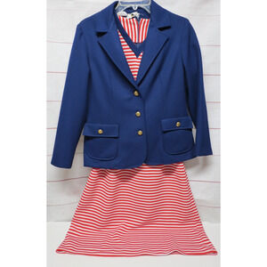 MARTY GUTMACKER Vtg Union Skirt Suit Sz 14 Red White Blue Sailor Blazer Dress